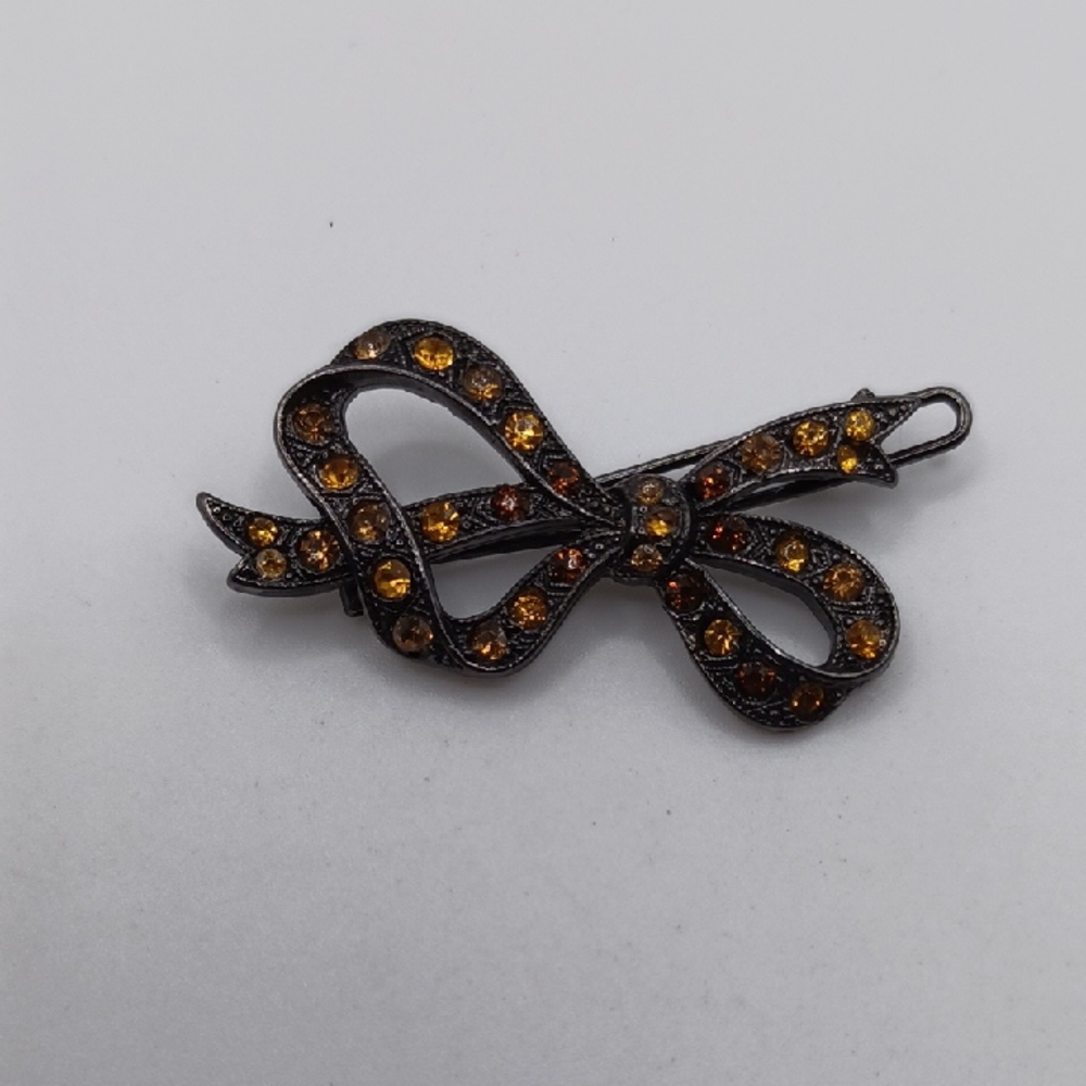 Yosca Gunmetal and Orange Rhinestone Bow Barette